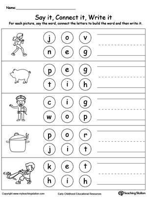 Build words by connecting the letters in this printable worksheet. Use words ending in IG, IT, OG, OP.