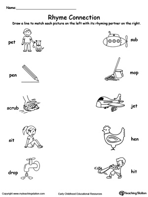 Connect Rhyming Pictures With Words Ending In ET, EN, UB, IT or OP