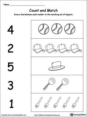 Practice simple number counting with this count and match 1 through 5 picture printable worksheet.