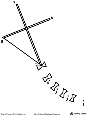 Dot to dot printable worksheet for numbers 1- 8: drawing a kite. Browse more dot-to-dot worksheets.