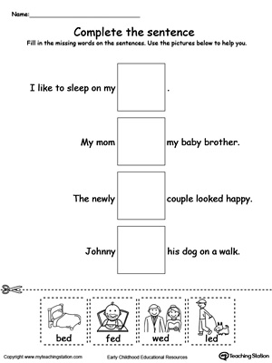 Complete the ED Word Family sentence in this printable worksheet.