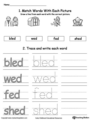 Identify, trace and write words in this ED Word Family printable worksheet.