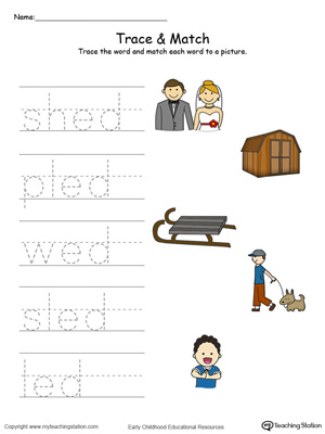 Match word with pictures in this ED Word Family printable worksheet in color.