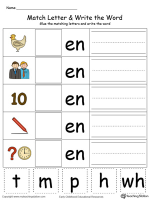 Place the missing letter in this beginning sound EN Word Family printable worksheet in color.
