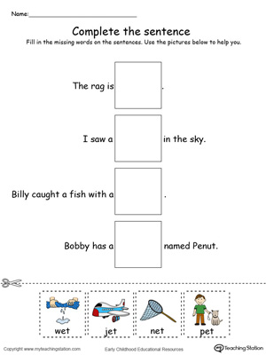 Identify the words and complete the ET Word Family sentence in this printable worksheet in color.