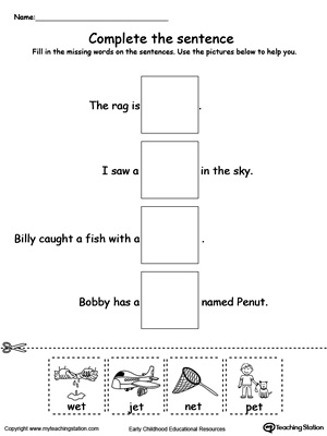 Complete the ET Word Family sentence in this printable worksheet.