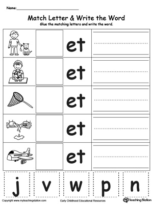 Place the missing letter in this beginning sound ET Word Family printable worksheet.