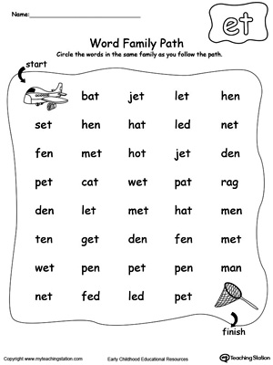 Find and circle words in this ET Word Family path printable worksheet.