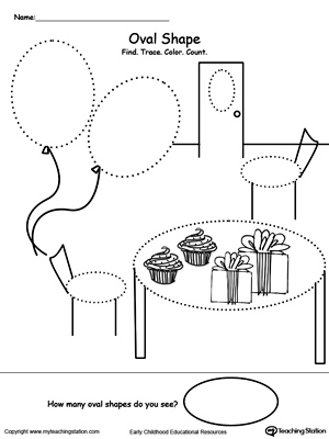 Trace, color and count the oval shapes in this preschool math printable worksheet.