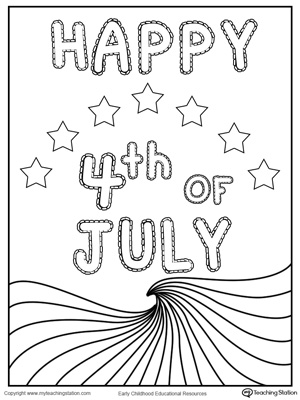 Happy 4th of July Wave Flag Coloring Page for preschool and kindergarten children to celebrate 4th of July.