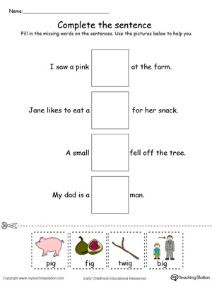 Identify the words and complete the IG Word Family sentence in this printable worksheet in color.