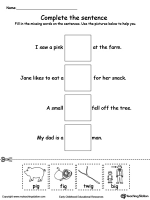 Complete the IG Word Family sentence in this printable worksheet.
