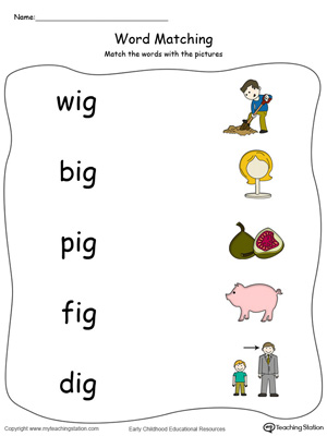 IG Word Family Picture and Word Match in Color. Identifying words ending in  –IG by matching the words with each picture.