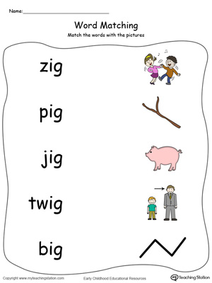 IG Word Family Picture Match in Color. Identifying words ending in  –IG by matching the words with each picture.