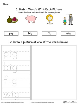 Practice drawing, tracing and identifying the sounds of the letters IG in this Word Family printable.