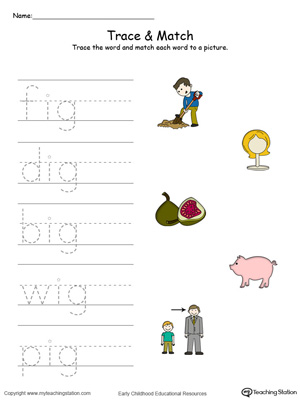 Match word with pictures in this IG Word Family printable worksheet in color.
