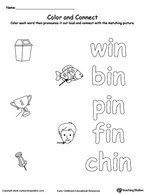 Practice coloring and fine motor skills in this IN Word Family printable worksheet.