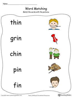 IN Word Family Picture and Word Match in Color. Identifying words ending in  –IN by matching the words with each picture.