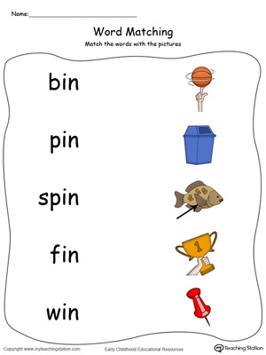 IN Word Family Picture Match in Color. Identifying words ending in  –IN by matching the words with each picture.