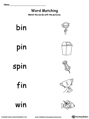 IN Word Family Picture and Word Match. Identifying words ending in  –IN by matching the words with each picture.