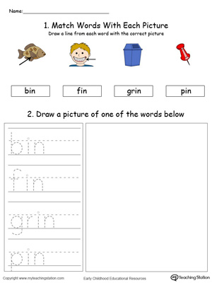 Practice drawing, tracing and identifying the sounds of the letters IN in this Word Family printable.