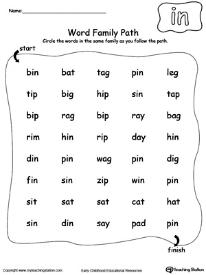 Find and circle words in this IN Word Family path printable worksheet.