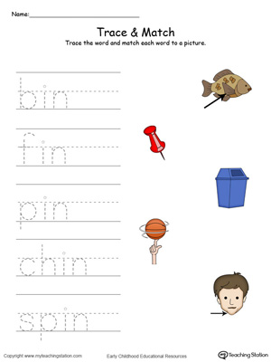Match word with pictures in this IN Word Family printable worksheet in color.