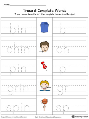 Trace then write the words themselves in this IN Word Family Trace and Write in Color printable worksheet.