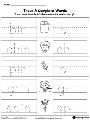Trace then write the words themselves in this IN Word Family Trace and Write printable worksheet.