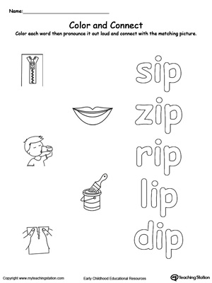 Practice coloring and fine motor skills in this IP Word Family printable worksheet.