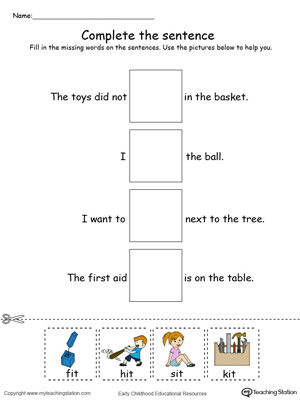 Identify the words and complete the IT Word Family sentence in this printable worksheet in color.