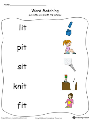 IT Word Family Picture and Word Match in Color. Identifying words ending in  –IT by matching the words with each picture.