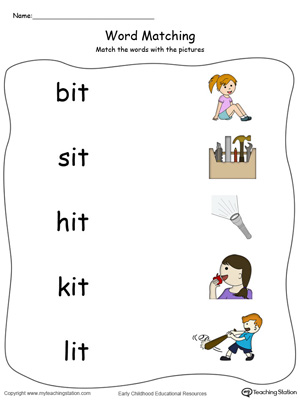 IT Word Family Picture Match in Color. Identifying words ending in  –IT by matching the words with each picture.