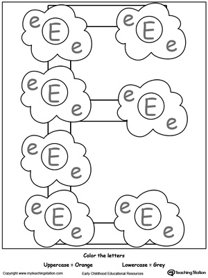 Practice identifying the uppercase and lowercase letter E in this preschool reading printable worksheet.