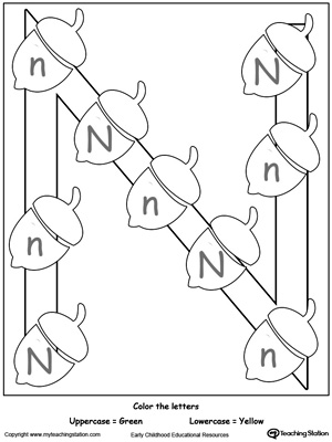 Practice identifying the uppercase and lowercase letter N in this preschool reading printable worksheet.