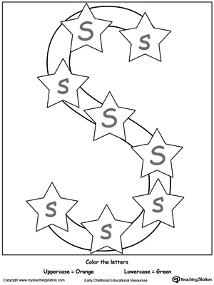 Practice identifying the uppercase and lowercase letter S in this preschool reading printable worksheet.