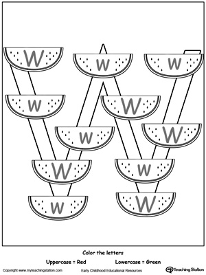 Practice identifying the uppercase and lowercase letter W in this preschool reading printable worksheet.