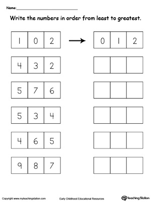 Sort numbers 1 through 9 from least to greastest in this math printable worksheet for kindergarten.