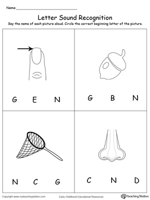 Practice recognizing the alphabet letter N sound in this picture match printable worksheet.