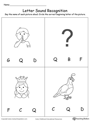 Practice recognizing the alphabet letter Q sound in this picture match printable worksheet.