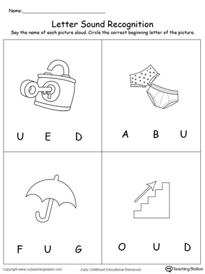 Practice recognizing the alphabet letter U sound in this picture match printable worksheet.