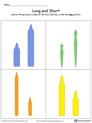 Teach the concept of length (long and short) to your preschooler using picture printable worksheets.