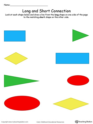 Teach the concept of length (long and short) to your preschooler with this Long and Short Shape Connection in Color printable worksheet.