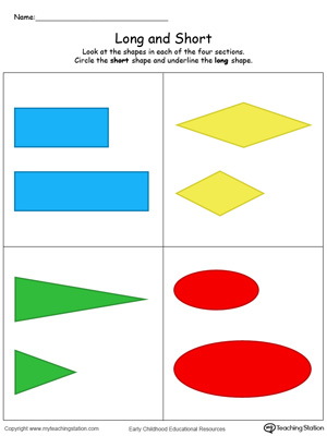 Long and short printable color worksheets using shapes to teach preschoolers the concept of length and size.