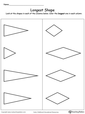 Teach the concept of length (long and short) using this Longest Shape printable worksheet.