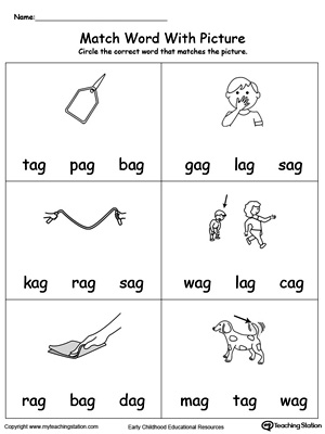 Match Word with Picture: AG Words. Identifying words ending in  –AG by matching the words with each picture.