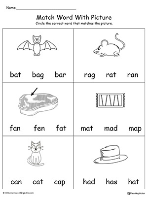 Match Word with Picture: AT Words. Identifying words ending in  –AT by matching the words with each picture.