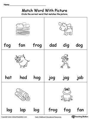Match Word with Picture: OG Words. Identifying words ending in  –OG by matching the words with each picture.