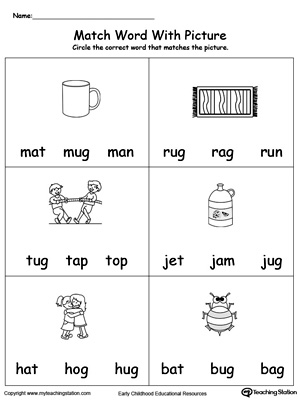 Match Word with Picture: UG Words. Identifying words ending in  –UG by matching the words with each picture.
