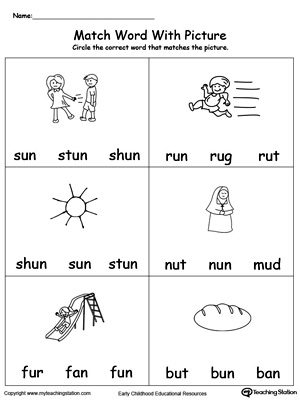 Match Word with Picture: UN Words. Identifying words ending in  –UN by matching the words with each picture.